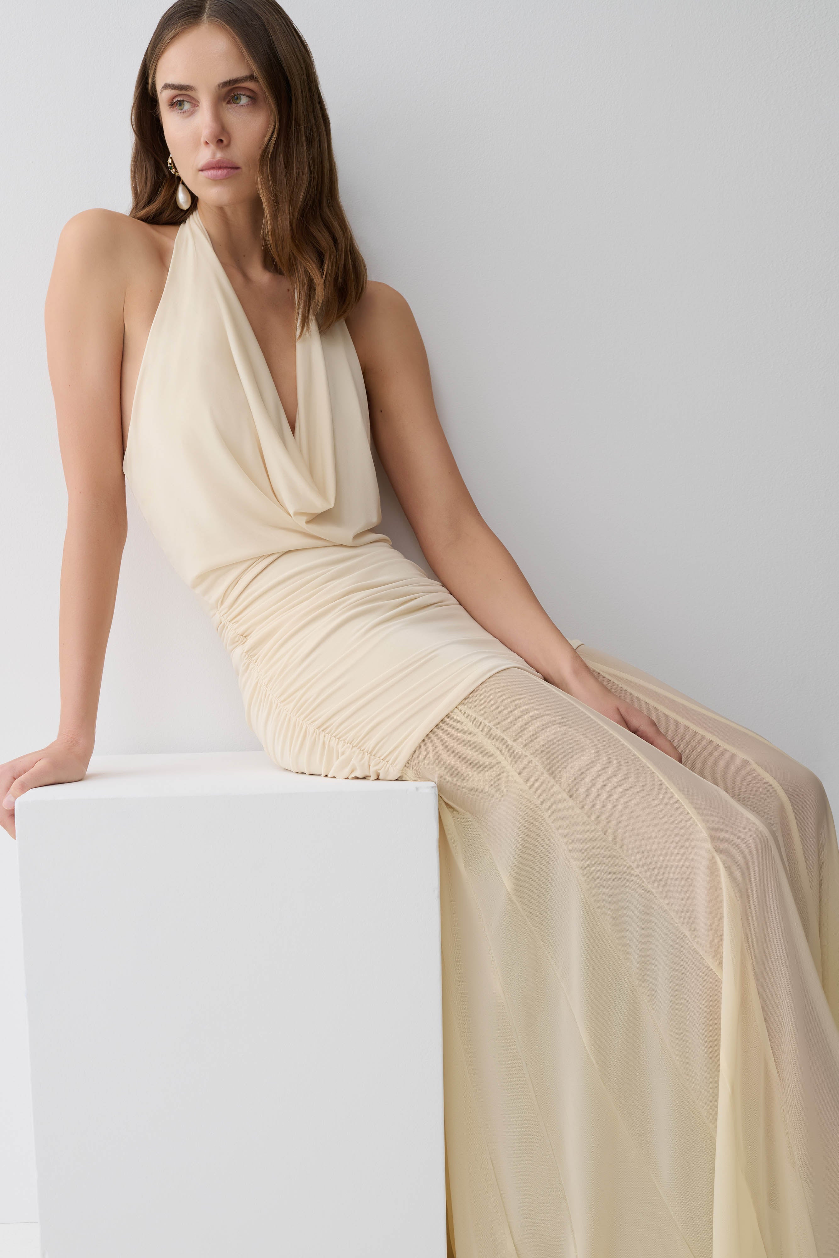 Jorja Draped Halter Slinky Maxi Dress - Ivory