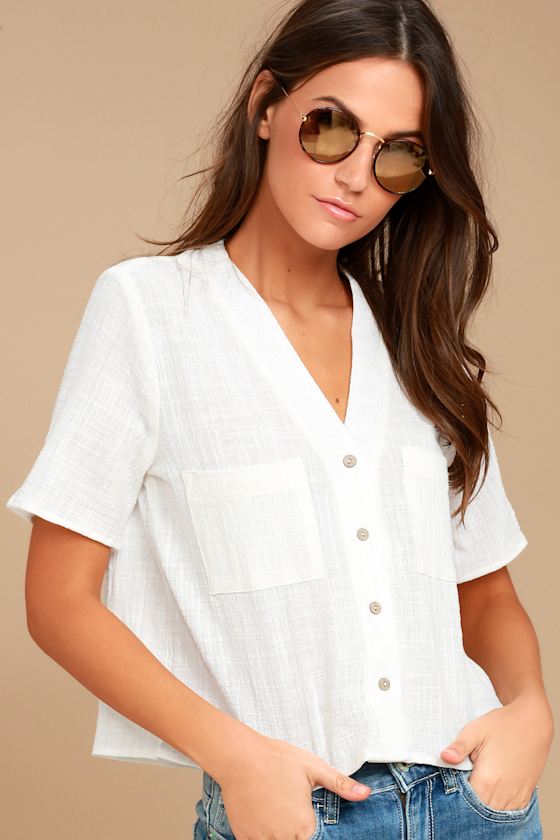 Lift My Spirits White Button-Up Crop Top