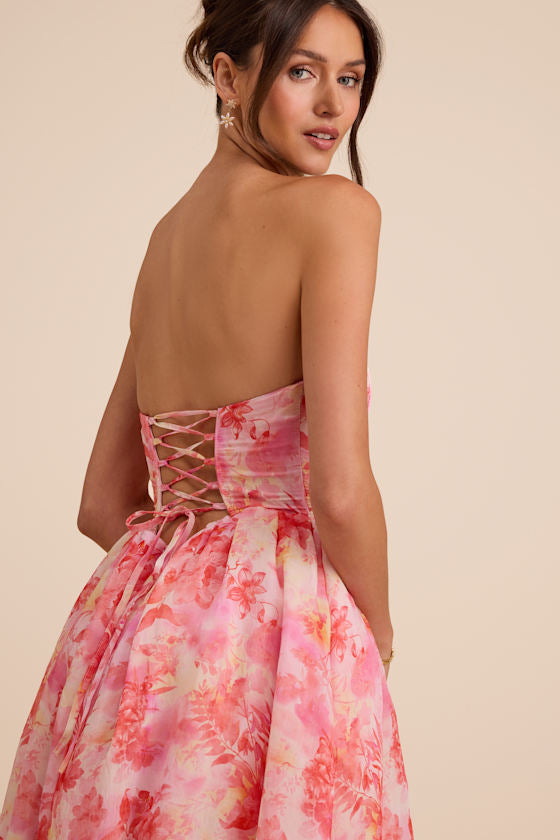 Eulalia Pink Floral Lace-Up Strapless Bustier Midi Dress