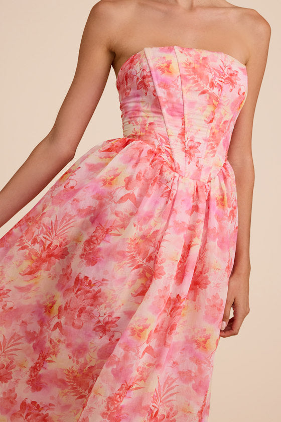 Eulalia Pink Floral Lace-Up Strapless Bustier Midi Dress