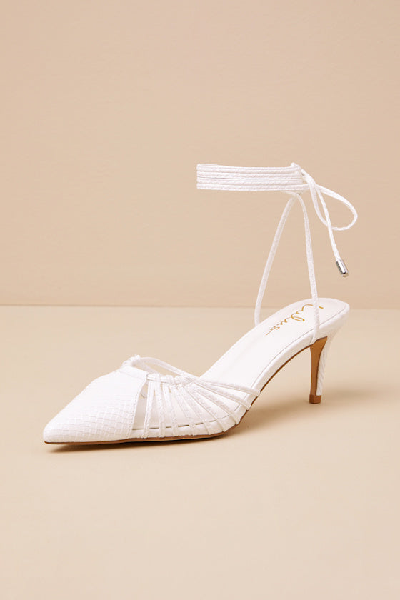 Ansel White Snake-Embossed Lace-Up Pumps