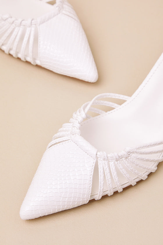 Ansel White Snake-Embossed Lace-Up Pumps