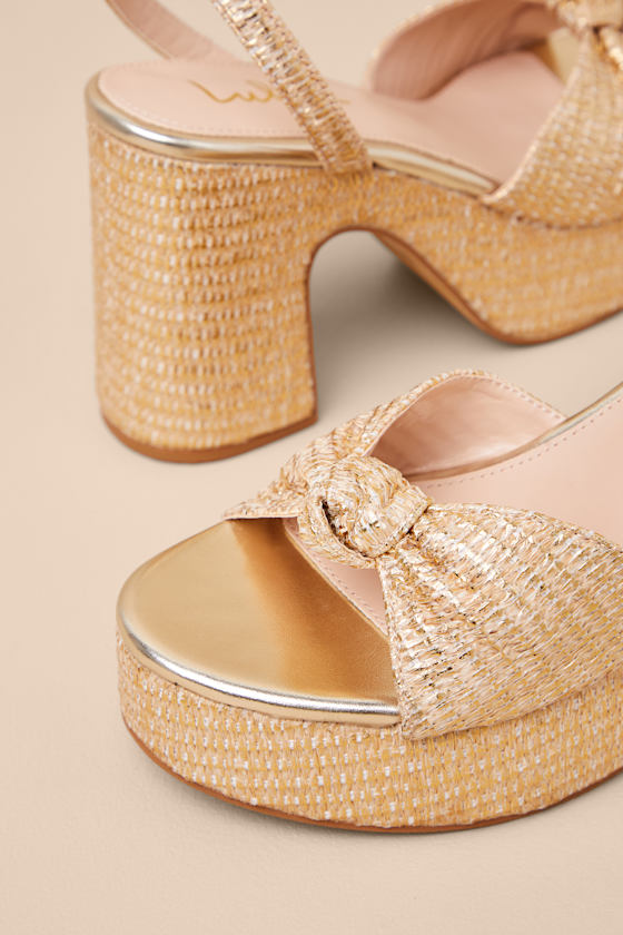 Rosamond Gold Raffia Knotted Platform High Heel Sandals