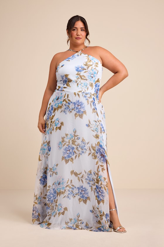 Romantic Marvel Light Blue Floral Print Halter Neck Maxi Dress