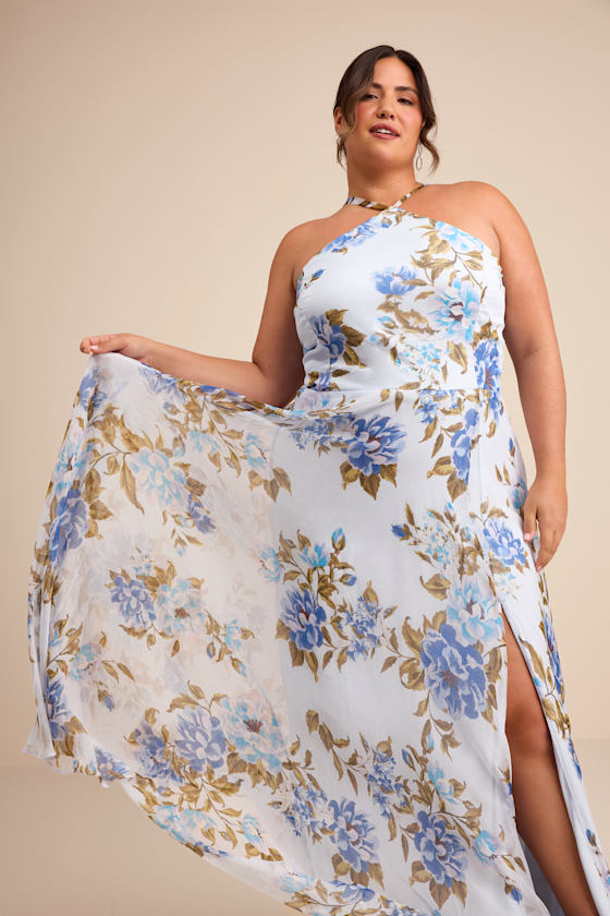 Romantic Marvel Light Blue Floral Print Halter Neck Maxi Dress