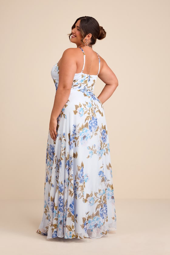 Romantic Marvel Light Blue Floral Print Halter Neck Maxi Dress