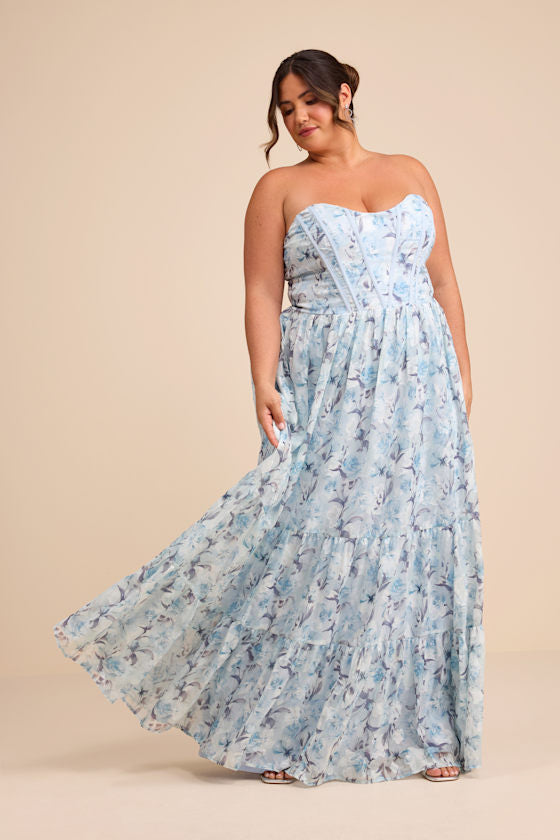 Special Moment Light Blue Floral Strapless Bustier Maxi Dress