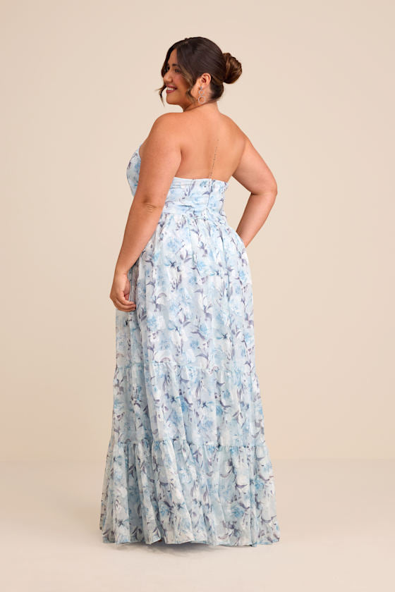 Special Moment Light Blue Floral Strapless Bustier Maxi Dress