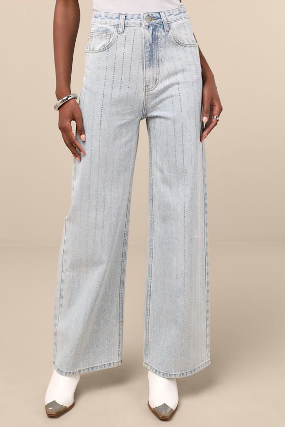 Danice Light Wash Denim Rhinestone Straight Leg Jeans