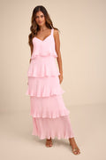 Elegant Nature Blush Pink Pleated Sleeveless Tiered Maxi Dress
