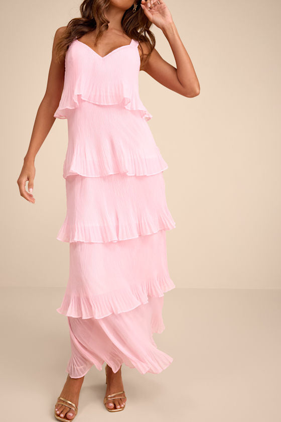 Elegant Nature Blush Pink Pleated Sleeveless Tiered Maxi Dress