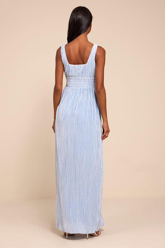 Ameena Light Blue Plisse Square Neck Sash Maxi Dress