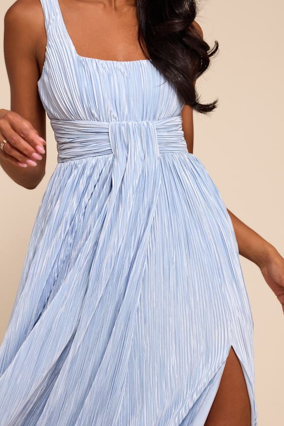Ameena Light Blue Plisse Square Neck Sash Maxi Dress
