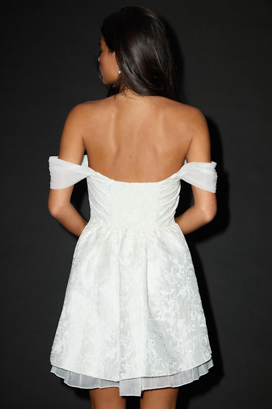 Kalara White Jacquard Off-the-Shoulder Mini Dress