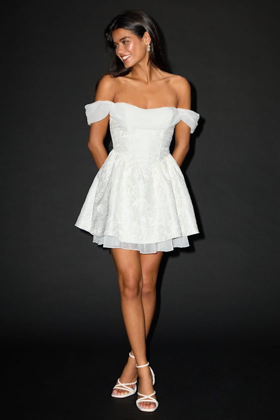 Kalara White Jacquard Off-the-Shoulder Mini Dress