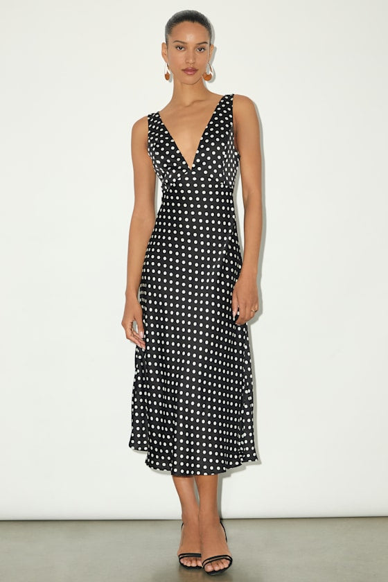 Incredible Love Black Polka Dot Satin Cowl Back Midi Slip Dress