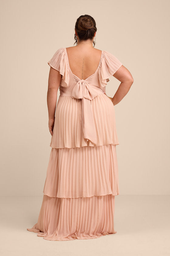 Notorious Charm Blush Pleated Flutter Sleeve Maxi Dress