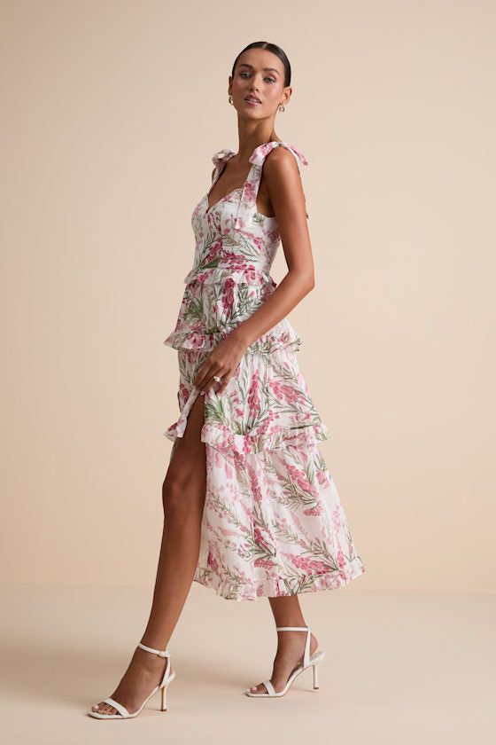 Naenia White Floral Tiered Tie-Strap Midi Dress
