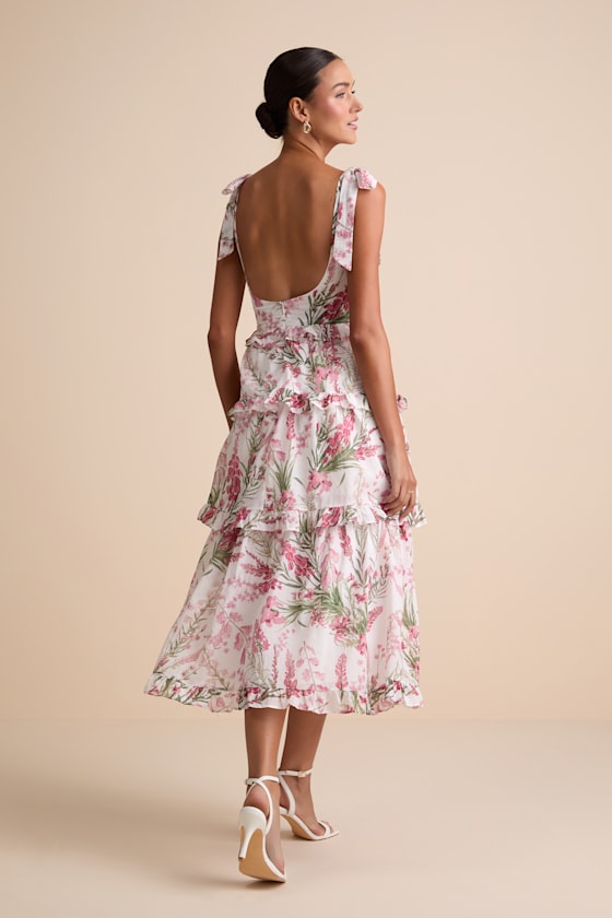 Naenia White Floral Tiered Tie-Strap Midi Dress