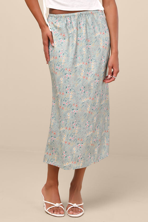 Agatha Sage Multi Floral Satin Midi Skirt