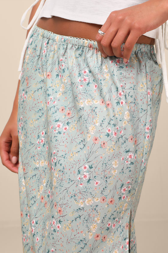 Agatha Sage Multi Floral Satin Midi Skirt
