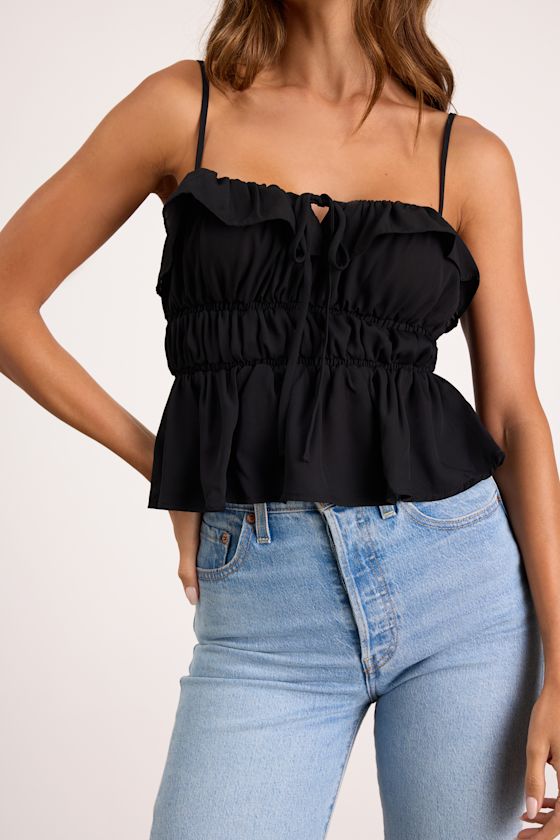 Nicolet Black Tie-Front Peplum Cami Top