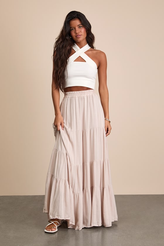 Sunset by the Sea Light Beige Embroidered Tiered Maxi Skirt