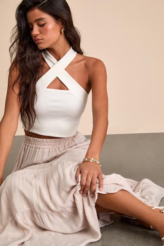 Sunset by the Sea Light Beige Embroidered Tiered Maxi Skirt