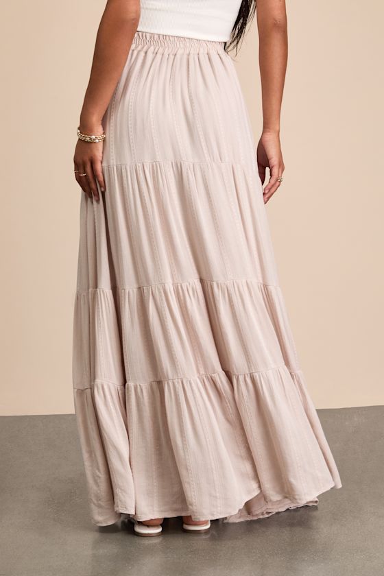 Sunset by the Sea Light Beige Embroidered Tiered Maxi Skirt