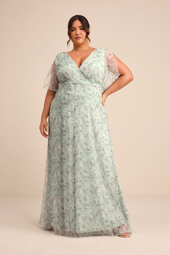 Dreamiest Desires Sage Green Floral Flutter Sleeve Maxi Dress