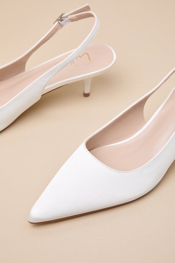 Agnesca White Satin Slingback Kitten Heel Pumps