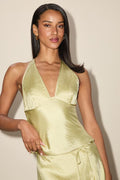 Devon Lime Satin Pleated Halter Top