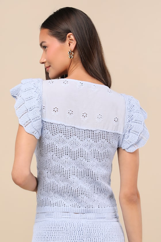 Caroline Light Blue Crochet Knit Flutter Sleeve Top