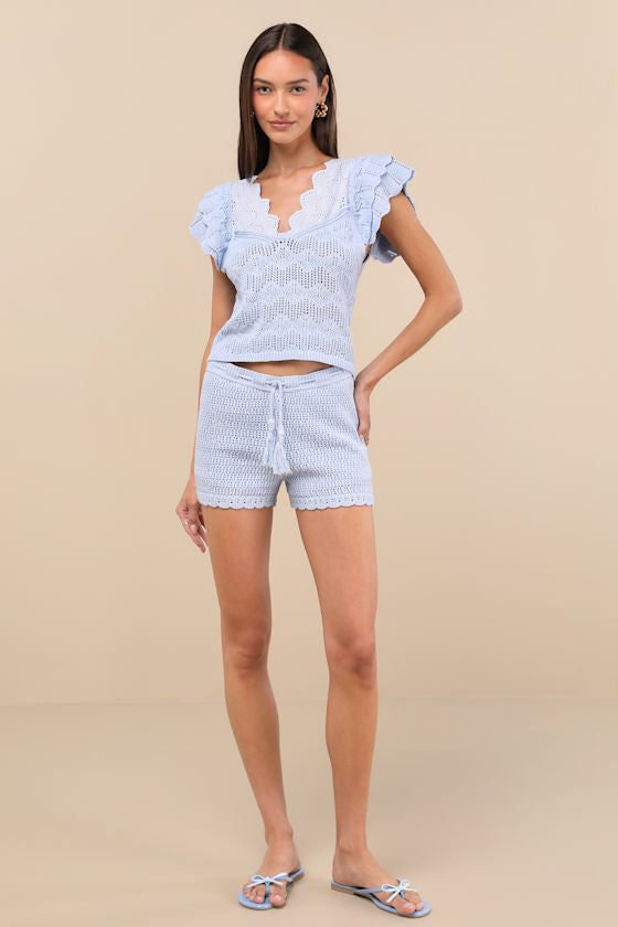 Caroline Light Blue Crochet Knit Flutter Sleeve Top
