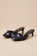 Cherrey Black Floral Kitten Heel Mule Pumps