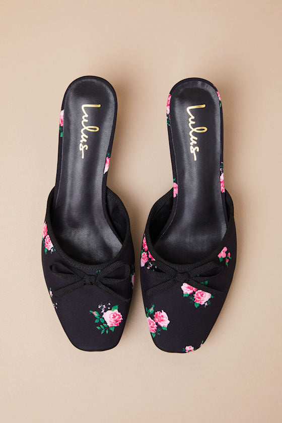 Cherrey Black Floral Kitten Heel Mule Pumps