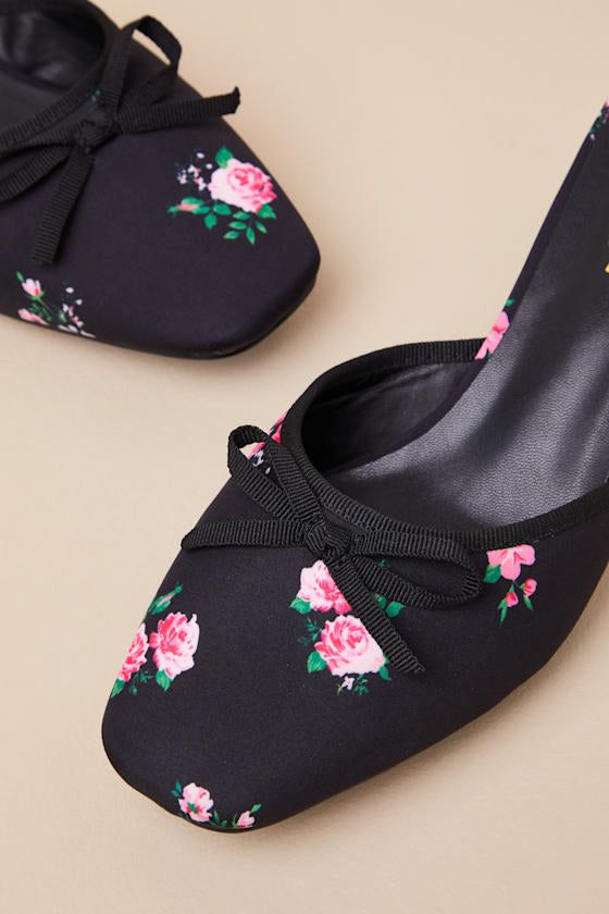 Cherrey Black Floral Kitten Heel Mule Pumps