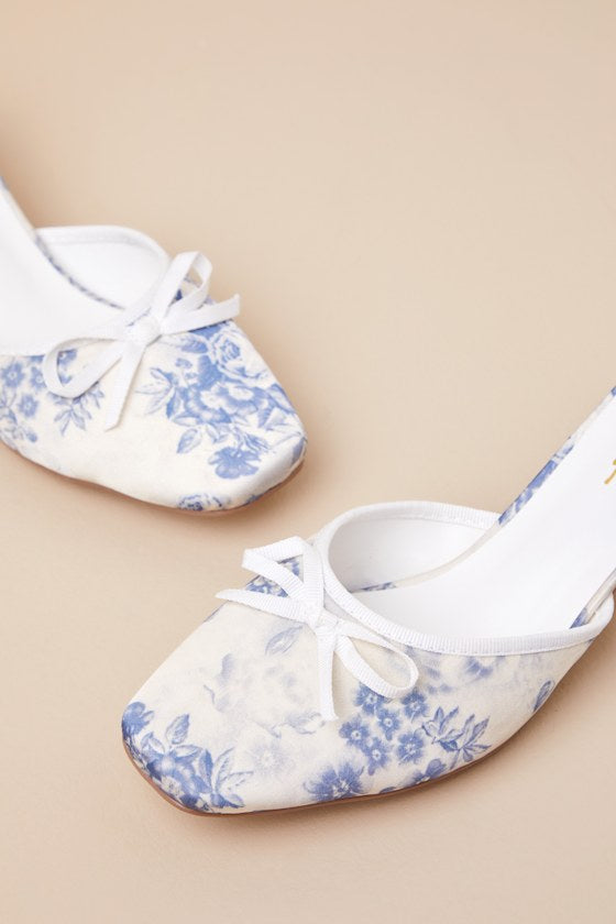 Cherrey Baby Blue Floral Kitten Heel Mule Pumps