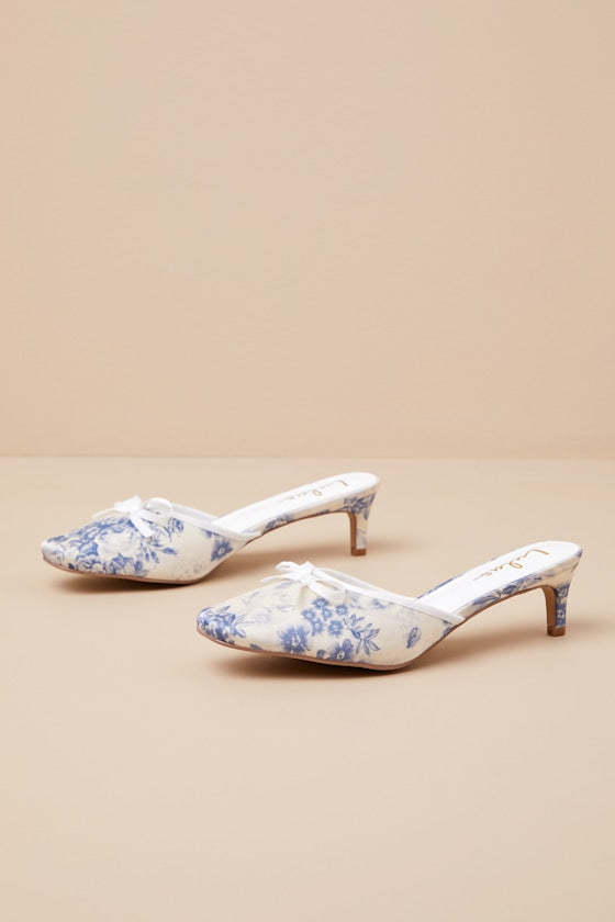 Cherrey Baby Blue Floral Kitten Heel Mule Pumps