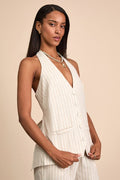 Layne Beige Stripe Halter Button-Front Vest Top