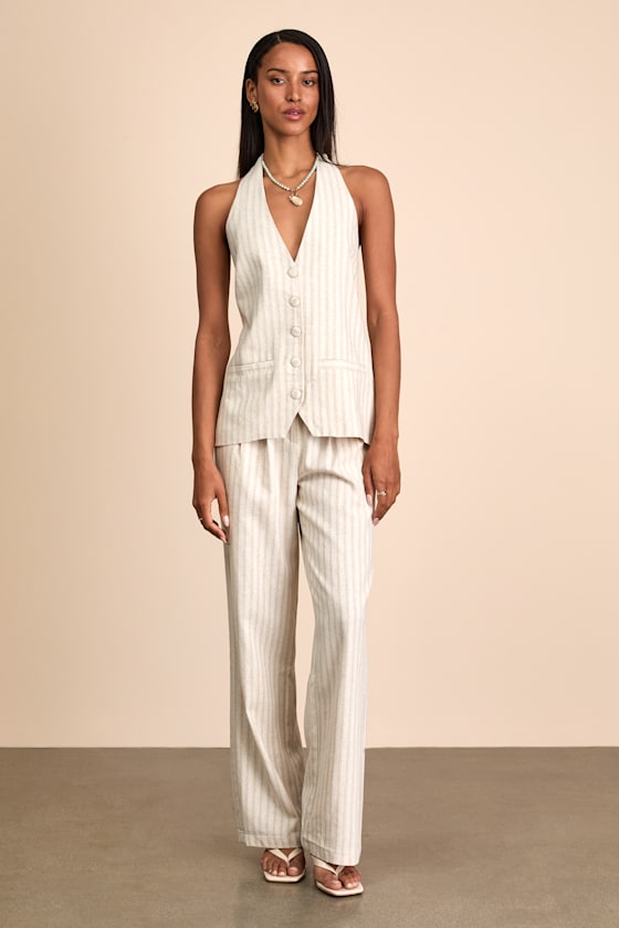 Layne Beige Stripe Halter Button-Front Vest Top