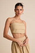 Marina Tan Pleated Cotton Cami Crop Top