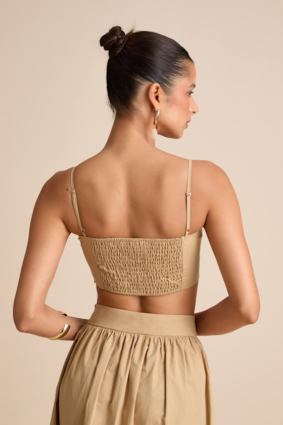 Marina Tan Pleated Cotton Cami Crop Top