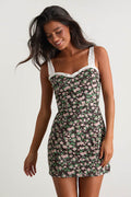Viviette Dark Brown Floral Embroidered Mini Dress