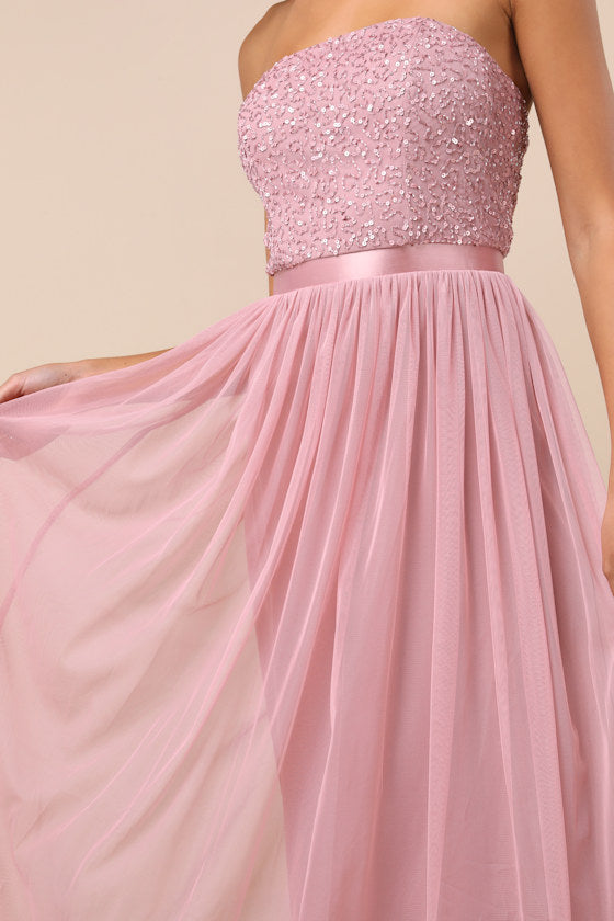 Lonica Mauve Sequin Beaded Strapless Maxi Dress