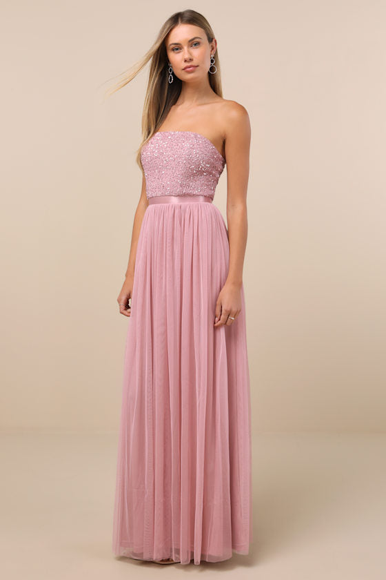 Lonica Mauve Sequin Beaded Strapless Maxi Dress