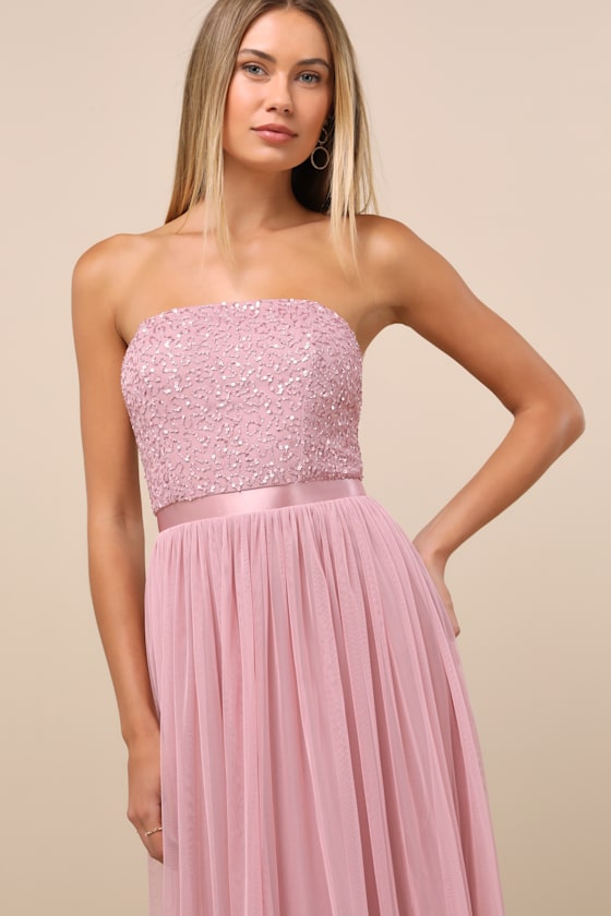 Lonica Mauve Sequin Beaded Strapless Maxi Dress