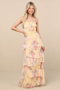 Niyati Yellow Floral Strapless Tiered Maxi Dress