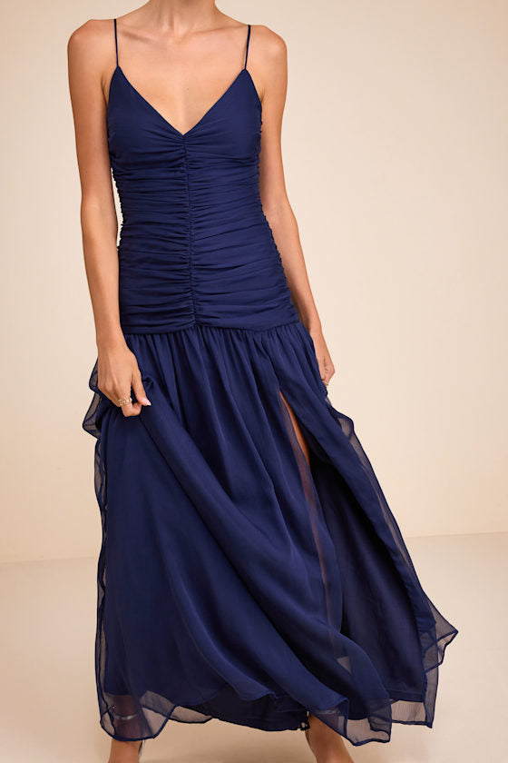 Ronna Navy Ruched Drop Waist Maxi Dress