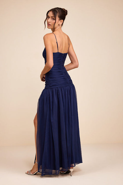 Ronna Navy Ruched Drop Waist Maxi Dress